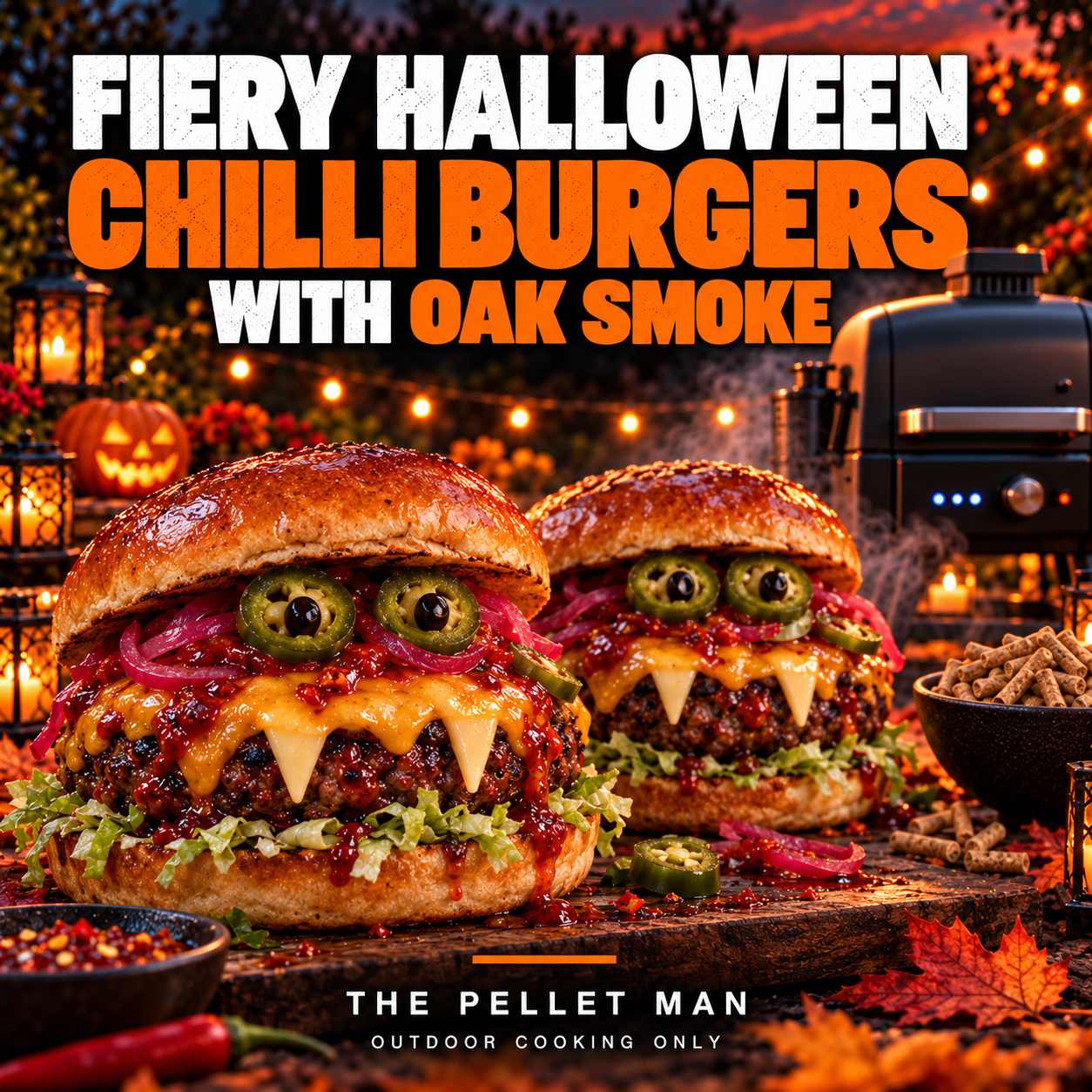 Fiery Halloween chilli burgers cooked outdoors with Oak wood pellets