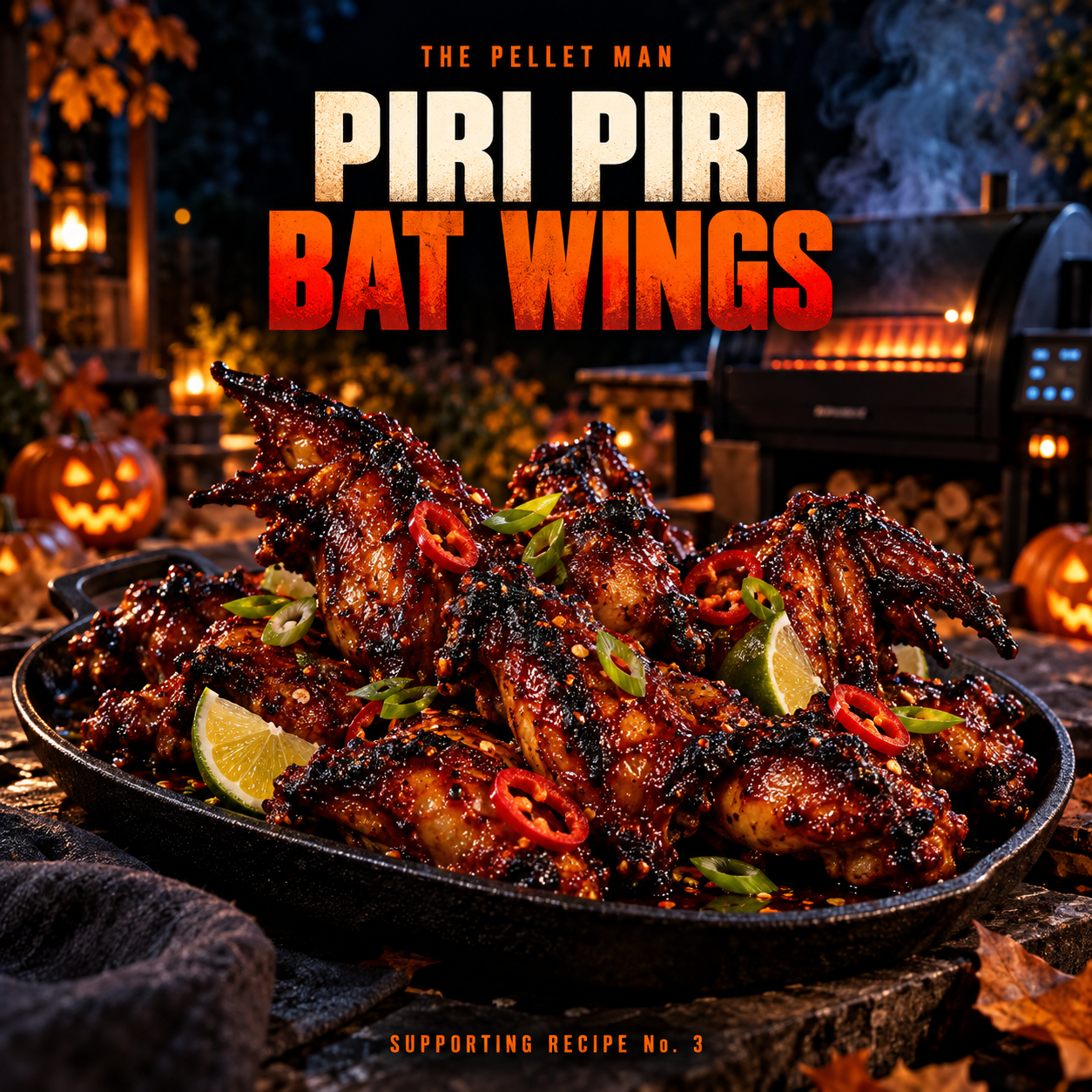 Piri Piri chicken bat wings with a dark sticky glaze cooked outdoors
