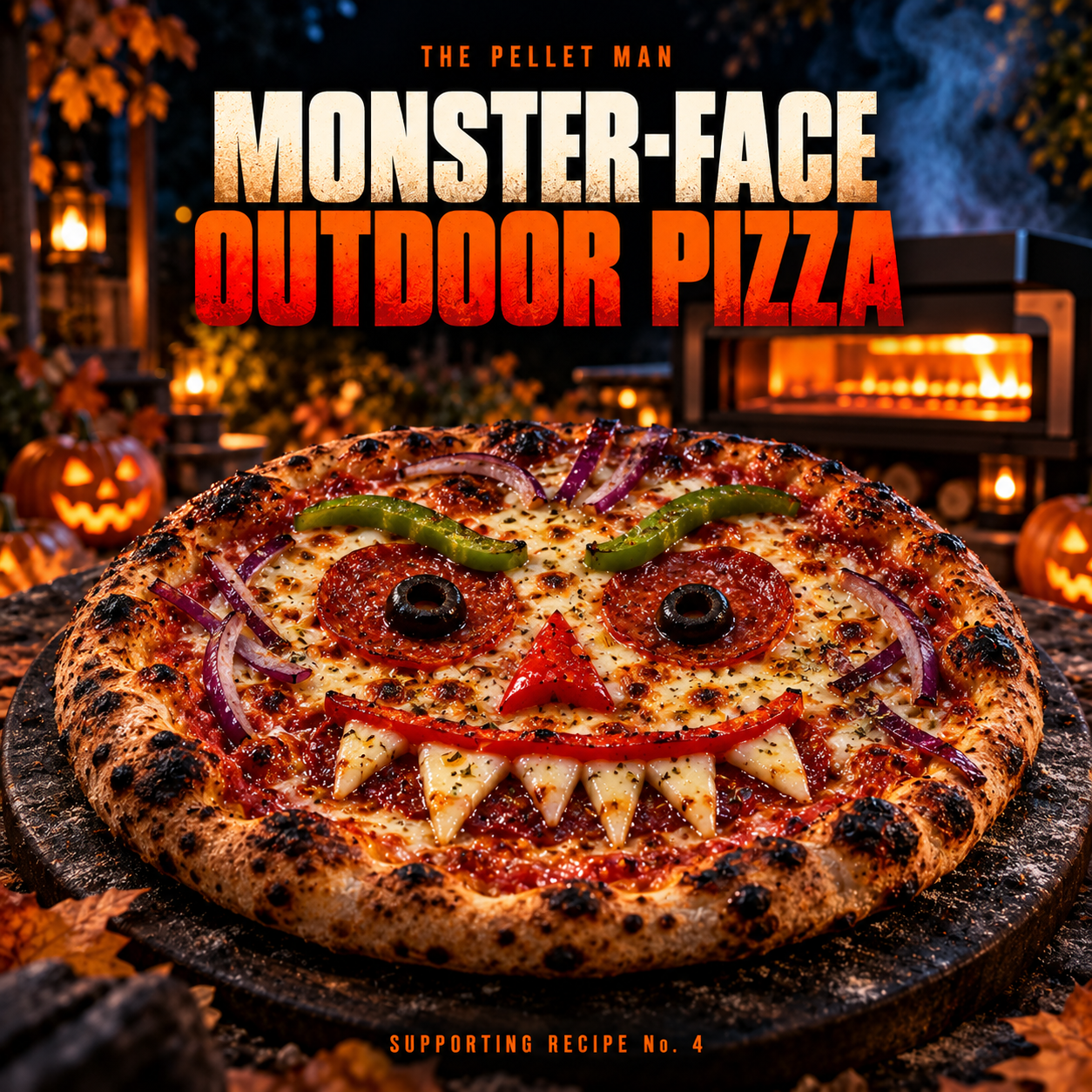 Monster-face Halloween pizza with pepperoni, peppers, olives and mozzarella